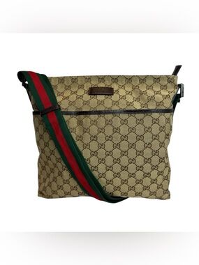 Gucci Beige Monogram Crossbody Bag with Green-Red Strap